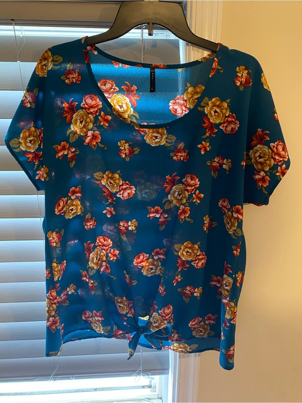 Source Unknown Teal Floral Tie-Front Short Sleeve Blouse